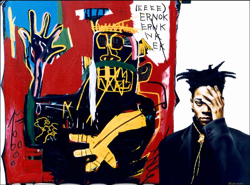 Jean-Michael Basquiat standing in front of one of his paintings with one hand over one half of his face.