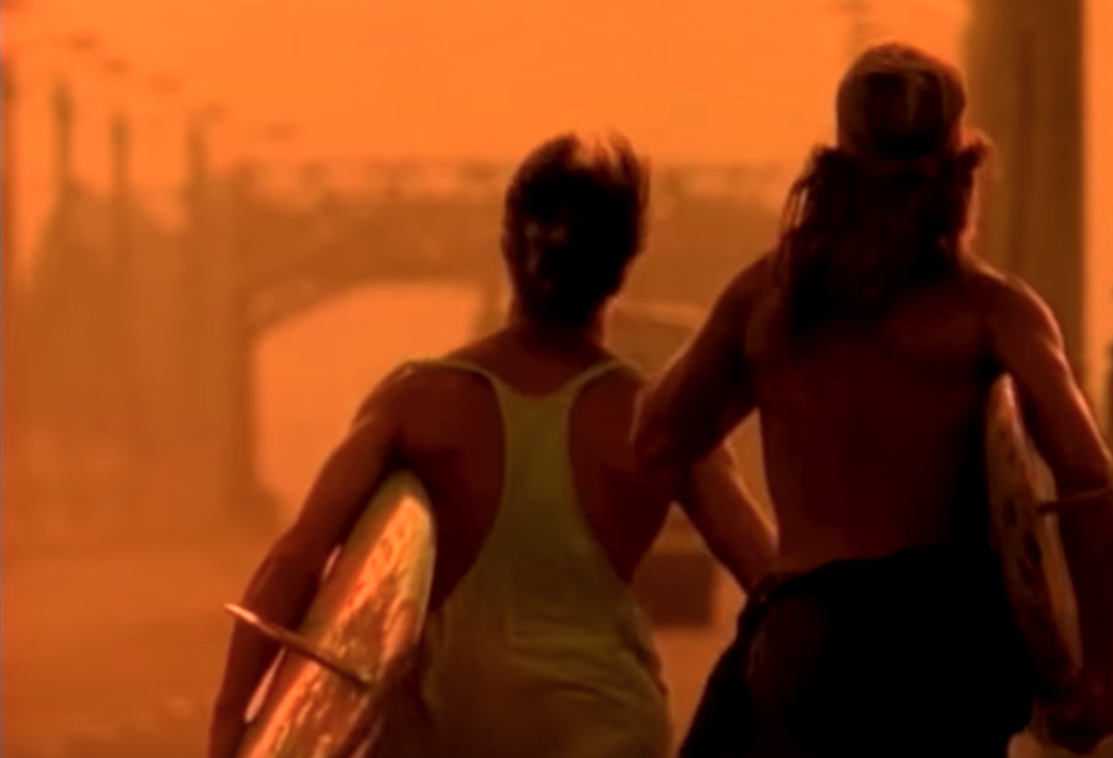 The backs of guys holding surf boards.