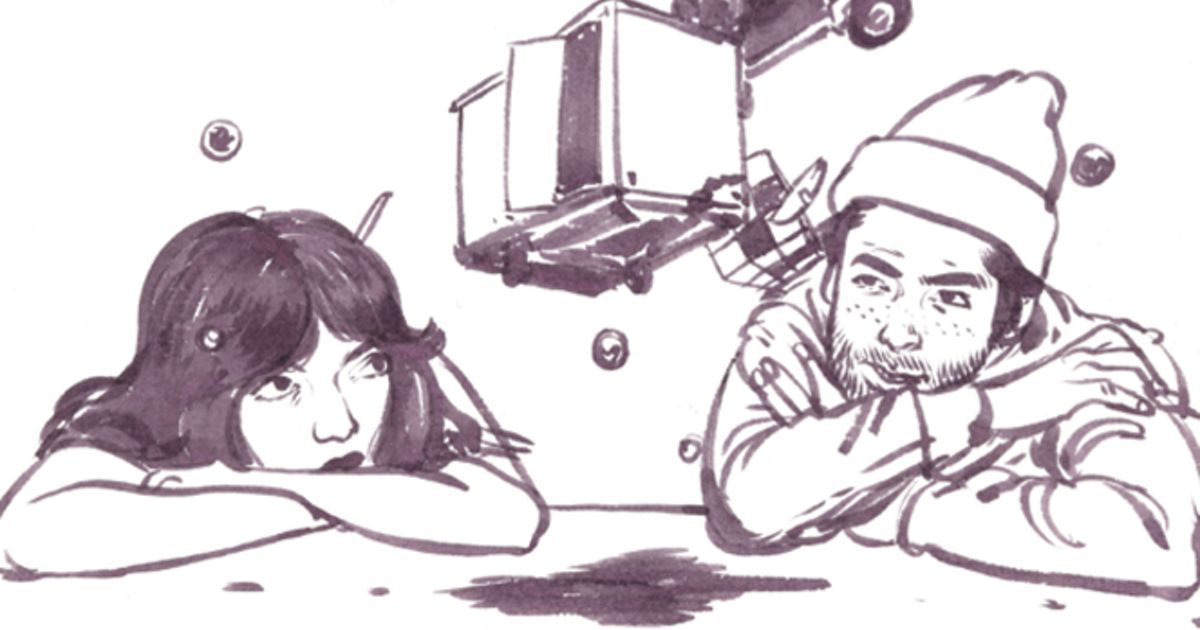 An illustrated Fleur and Manu imagine illustrated floating objects.